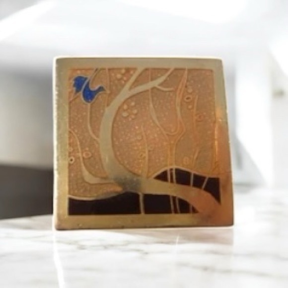 De Passille Sylvestre Square Brooch -Golden Tree Enamel Modernist Pin 1960s - Picture 6 of 7